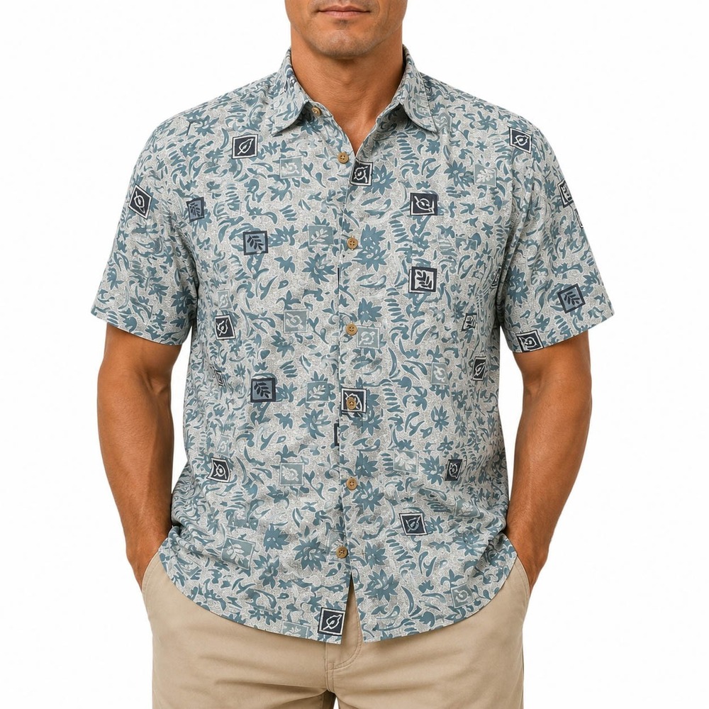 Ocean Pacific OP Mens Large Blue Grey Botanical Floral Cotton Hawaiian Shirt L
